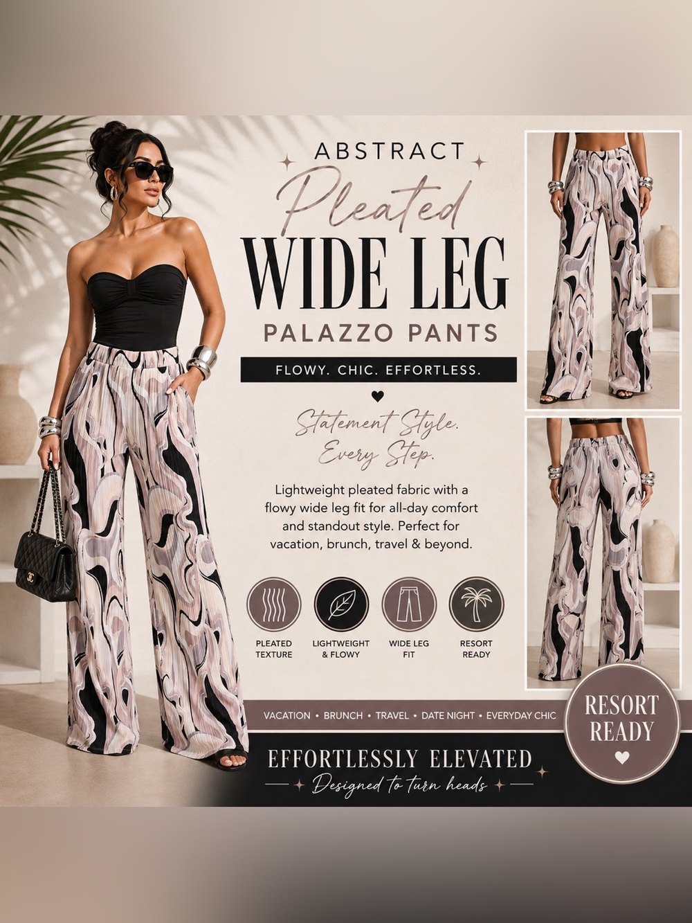 Abstract Print Pleated Wide Leg Pants High Waist Flowy Boho Resort Ready